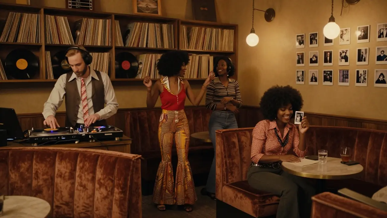 Patrons swaying to 1970s vinyl records in a dimly lit, retro-inspired lounge.