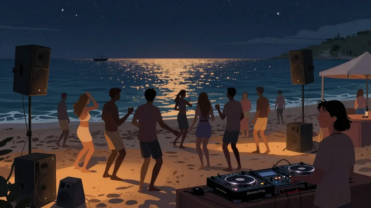 People dancing on a beach under stars with DJs and ocean views at night.