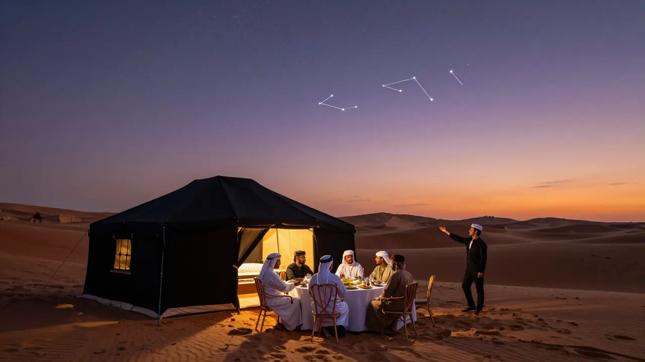 Private Bedouin dining under desert stars with cultural storytelling