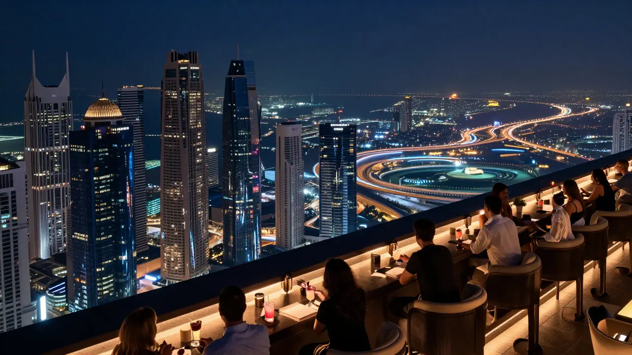 Rooftop bar on the 54th floor with panoramic Abu Dhabi skyline and patrons enjoying craft cocktails.