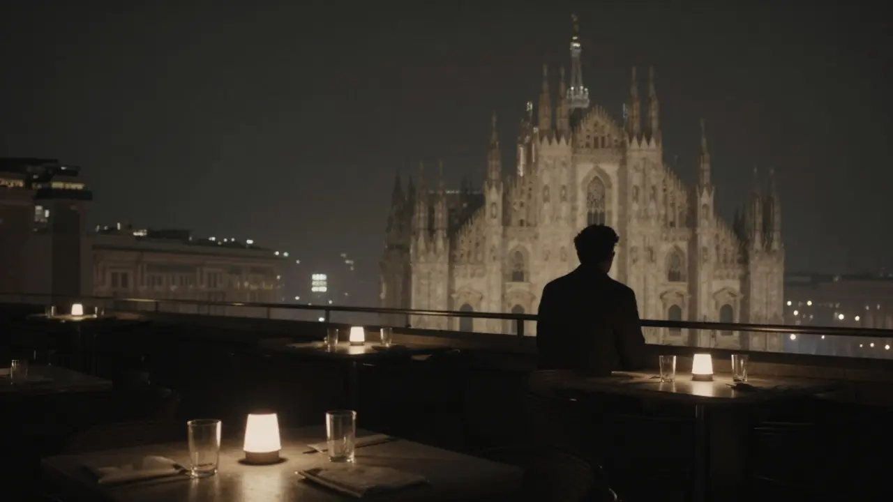 Silhouetted person on a quiet rooftop overlooking Milan’s illuminated skyline at night.