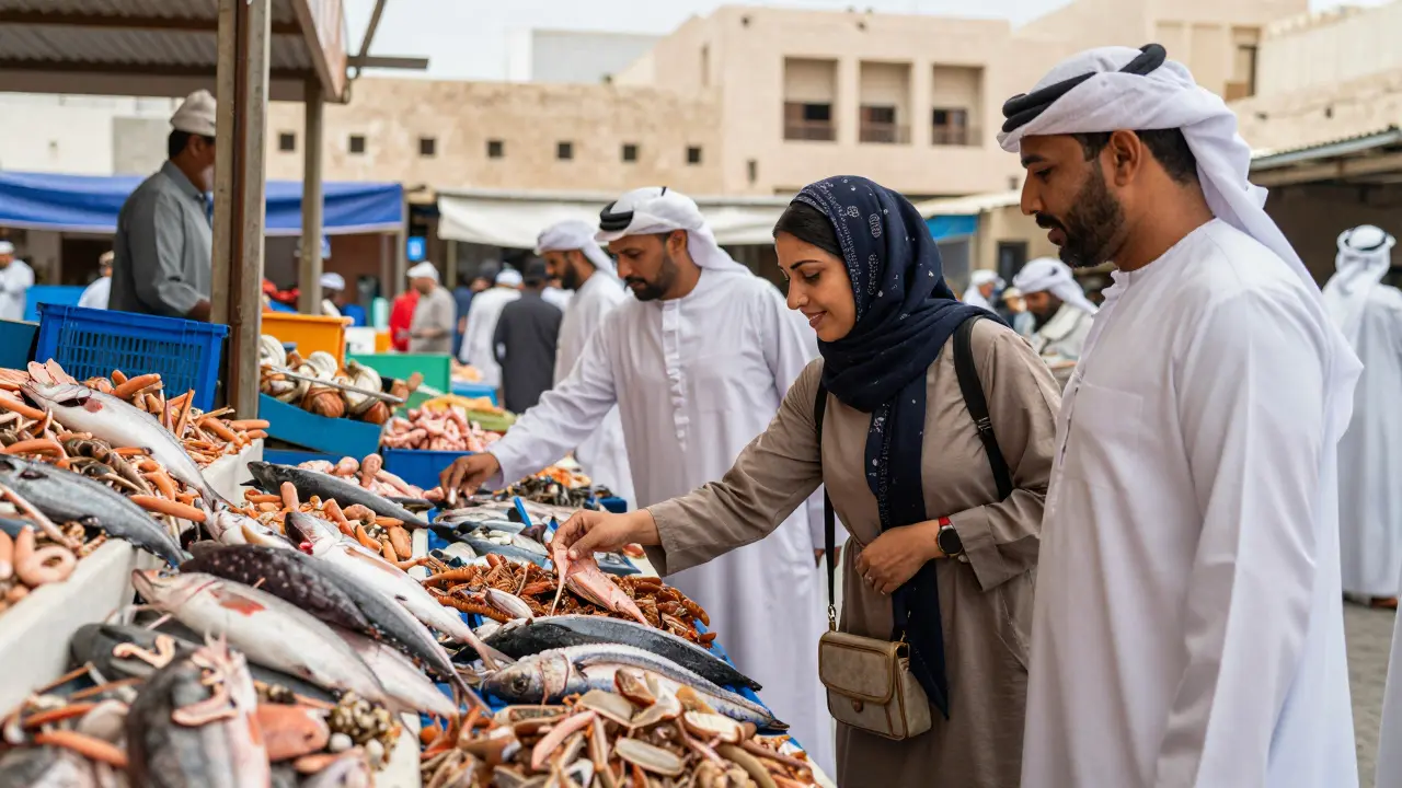 Solo traveler haggling for seafood at Al Bateen Fish Market with escort