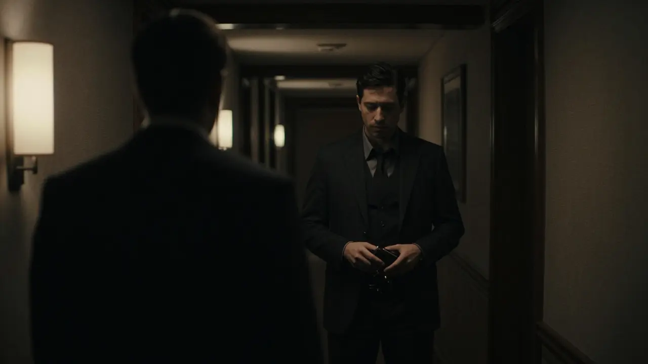 Suspicious figure approaching man in hotel hallway at night.