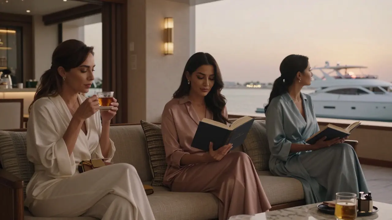 Three elegant women in private settings—a lounge, a villa, and a yacht—each radiating poise without devices or overt displays.