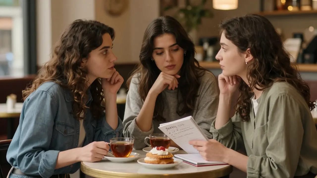 Three women whispering quietly over tea at a café, sharing safety tips and support in silent solidarity.