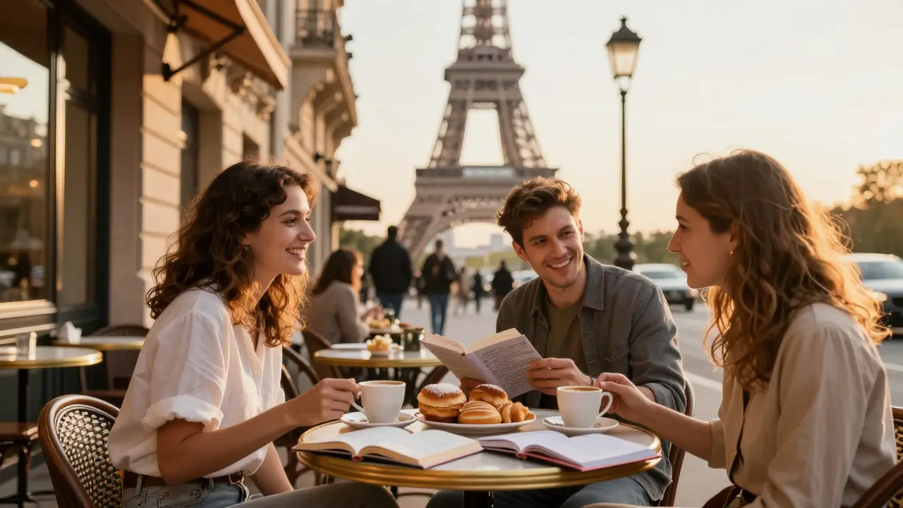Tourists relaxing at Paris café with Eiffel Tower in background
