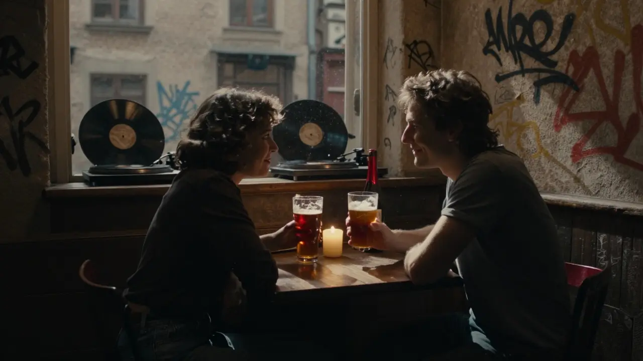 Two people share a quiet moment in a graffiti-covered Berlin courtyard bar, candlelight illuminating their conversation.