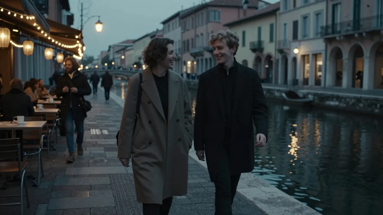 Two people walking along Milan's Navigli canal at dusk, enjoying a peaceful evening stroll.