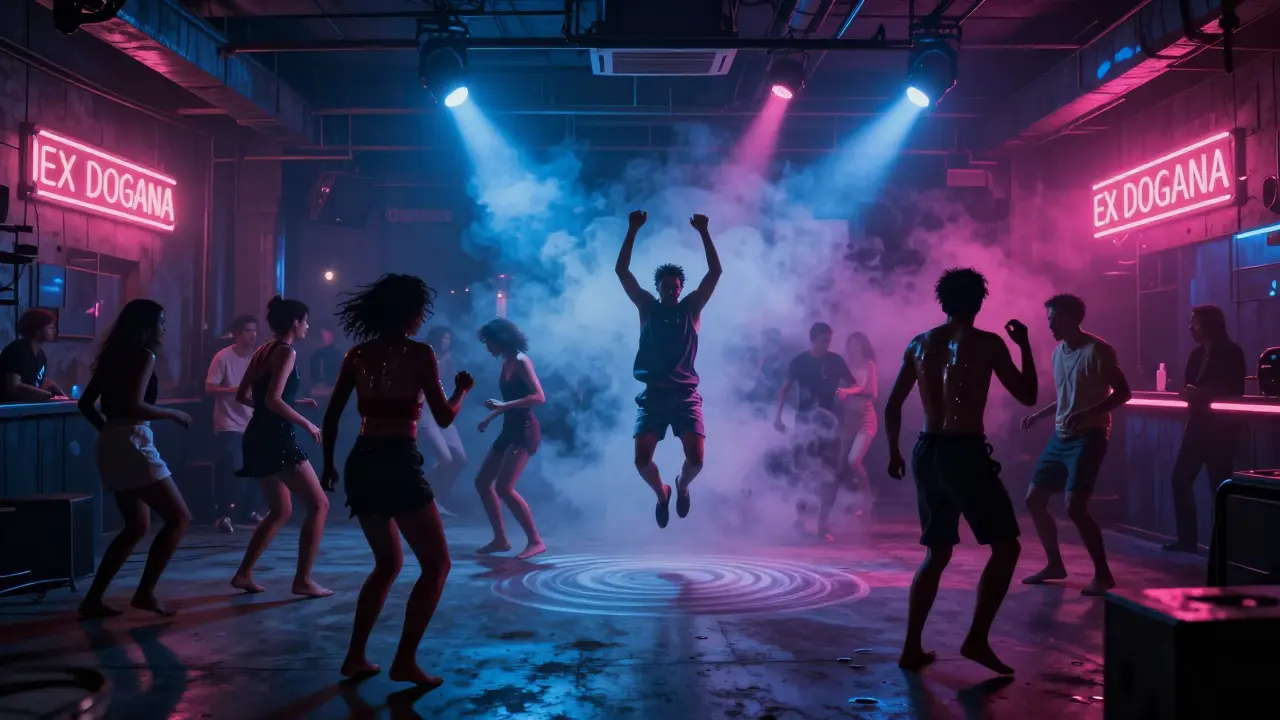 Underground club with strobe lights and dancers in an industrial warehouse, no signs or text.