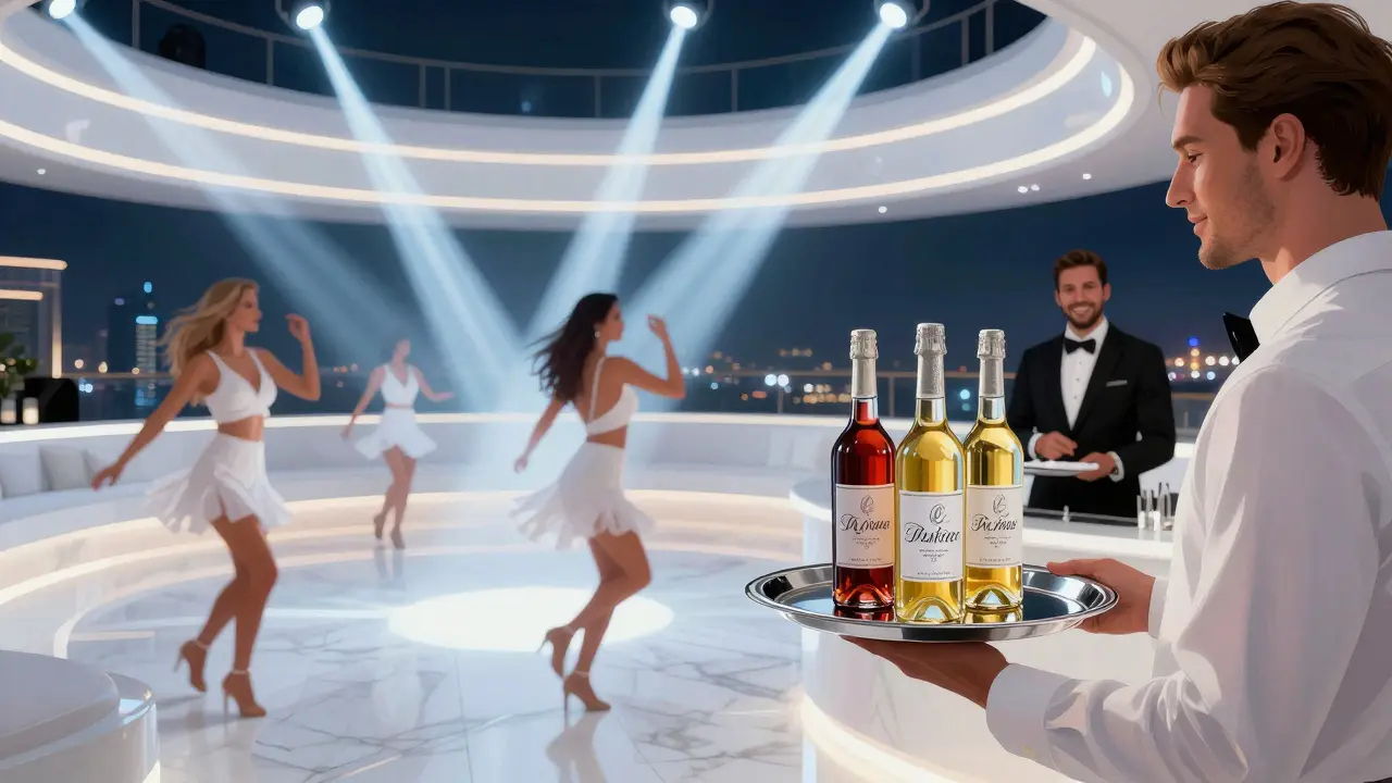 VIP bottle service at White Dubai nightclub with glowing white interior and dancers under LED lights.