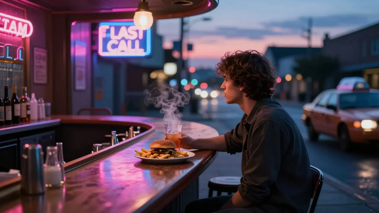 24/7 bar at dawn with lone traveler, neon lights, and empty streets reflecting wet pavement.