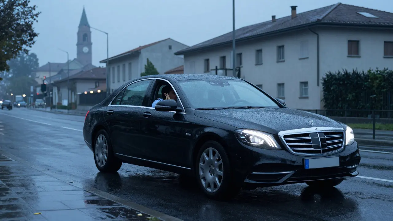 A black luxury sedan drives silently through dawn-lit Milan, emphasizing privacy and anonymity.