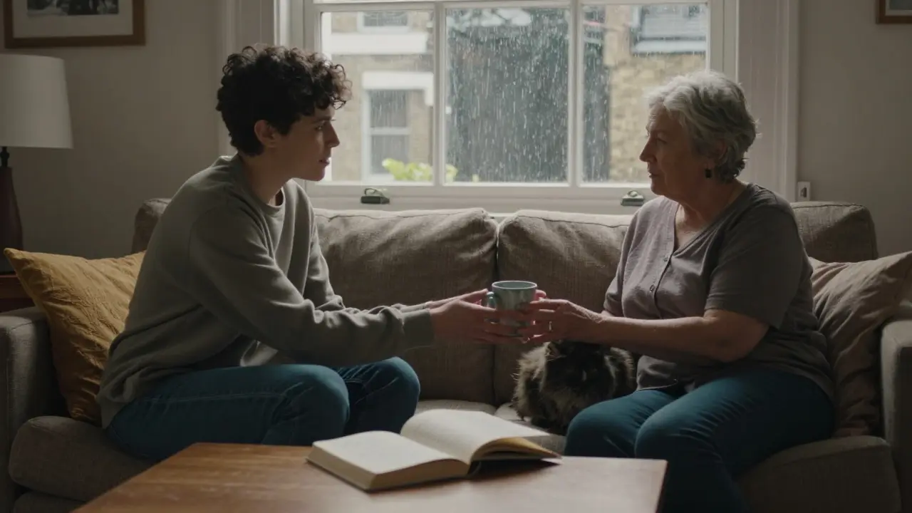 A companion and client sharing a quiet moment in a Brixton home, offering comfort through simple human connection.