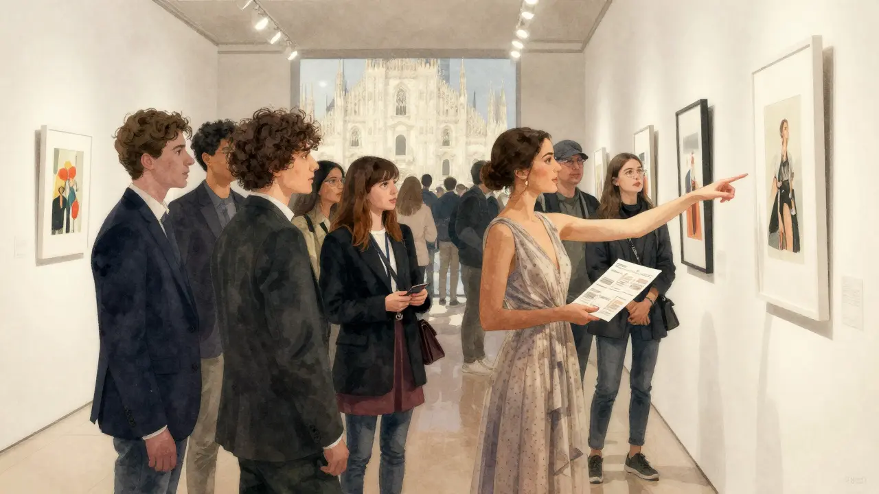 A companion guiding international students through a private art viewing at Milan Fashion Week.