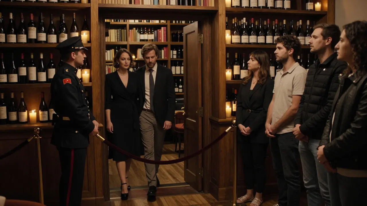 A couple being escorted through a hidden door behind a bookshelf into an intimate wine cellar, while others wait outside at a velvet rope.