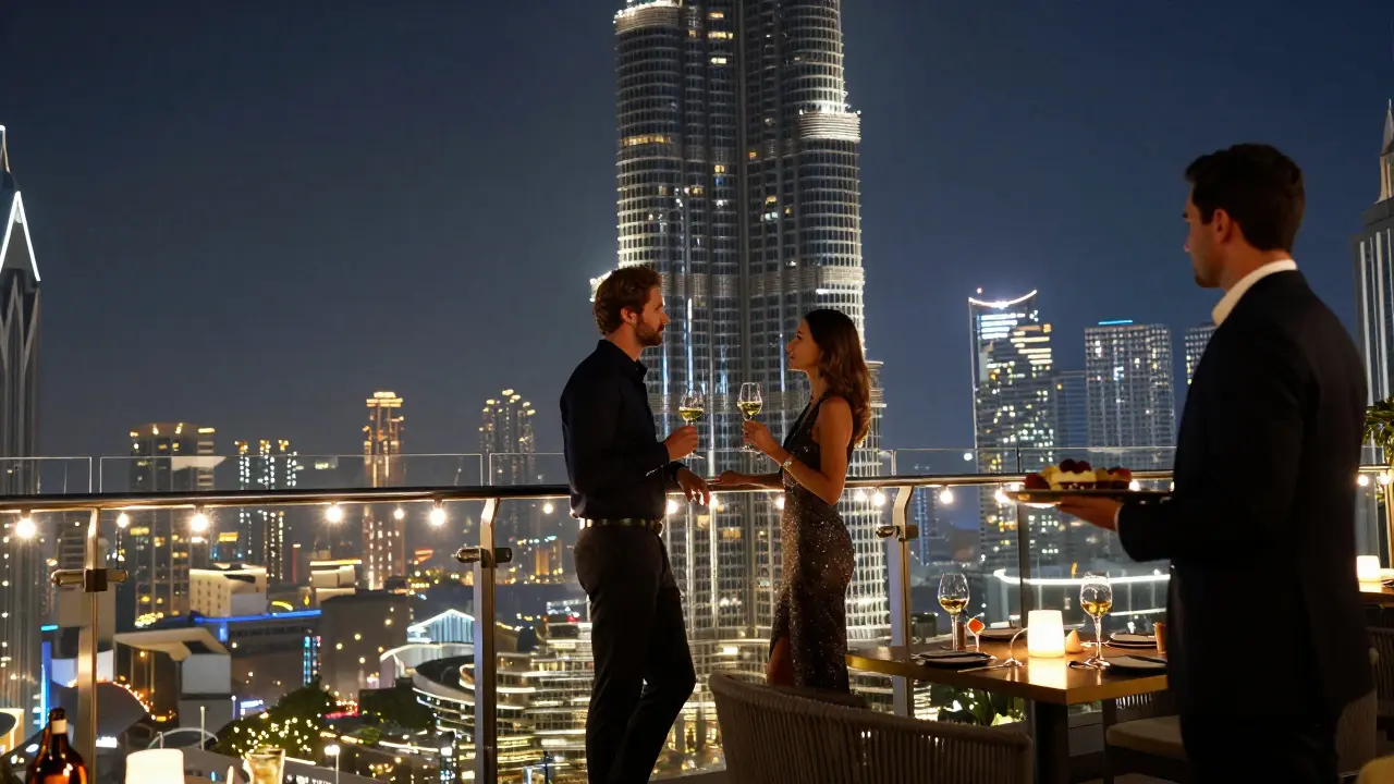 A couple on a rooftop terrace enjoying wine with the Burj Khalifa glowing in the background.