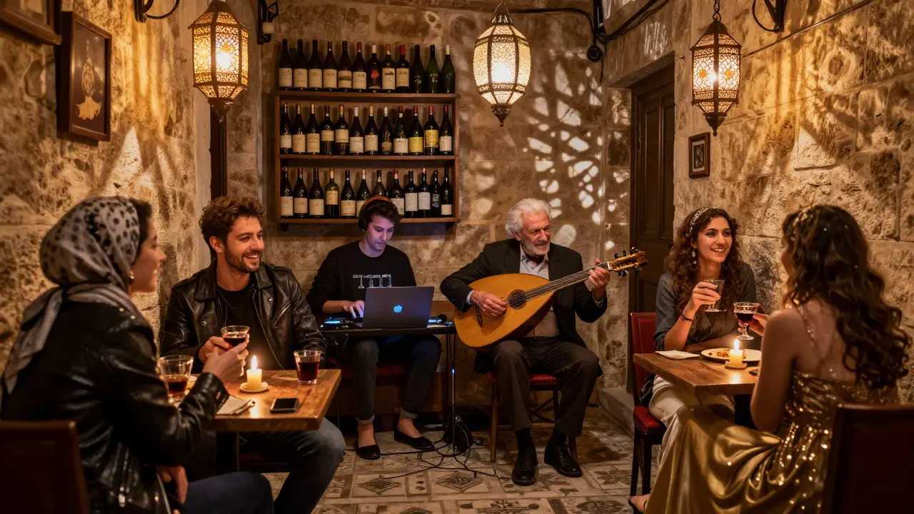 A cozy meyhane in Galata where an oud player and DJ share a stage, patrons of all ages enjoying raki by candlelight.