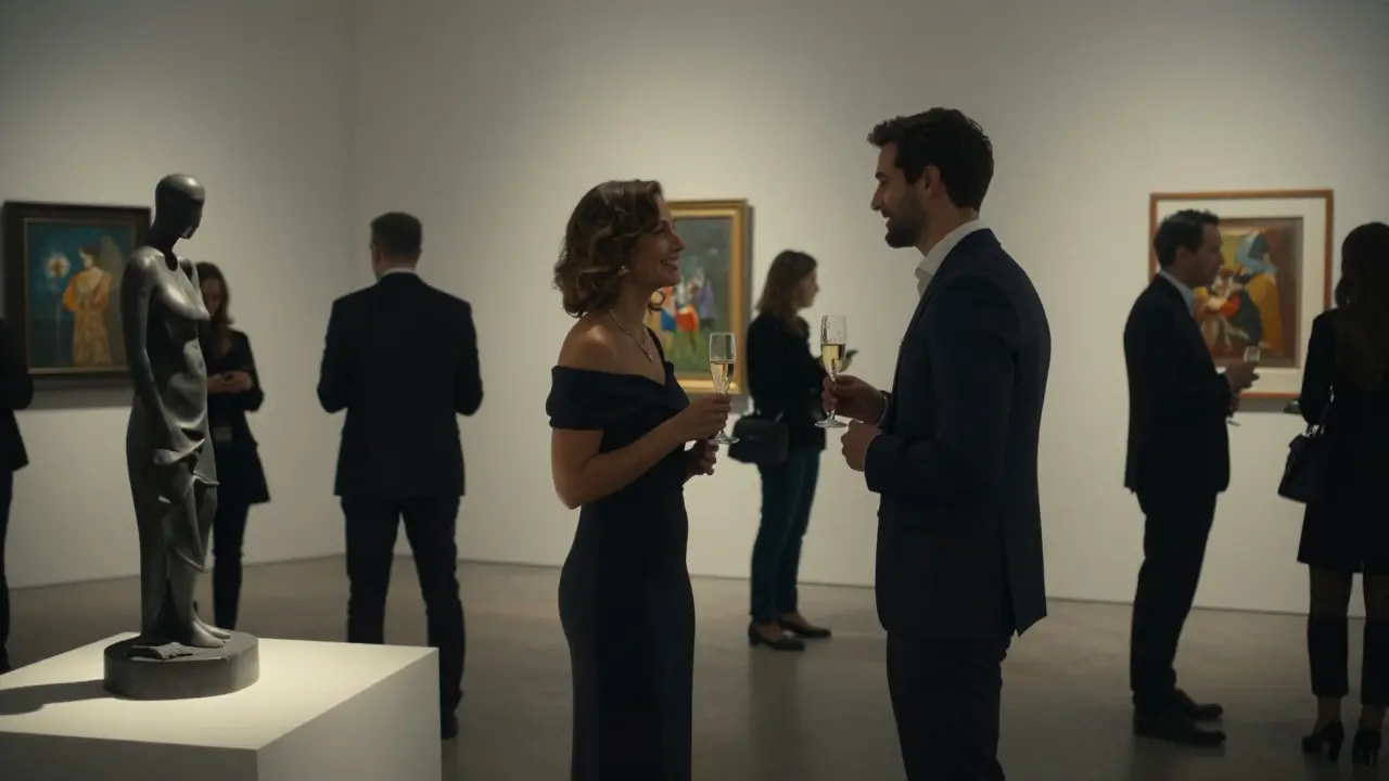 A discreet couple blending into an upscale Milan gallery opening, sipping champagne among art patrons.