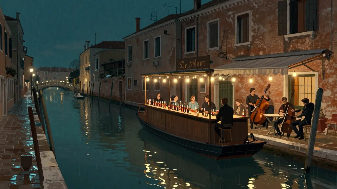 A floating bar on Milan's Navigli canal under string lights, with jazz musicians playing nearby.