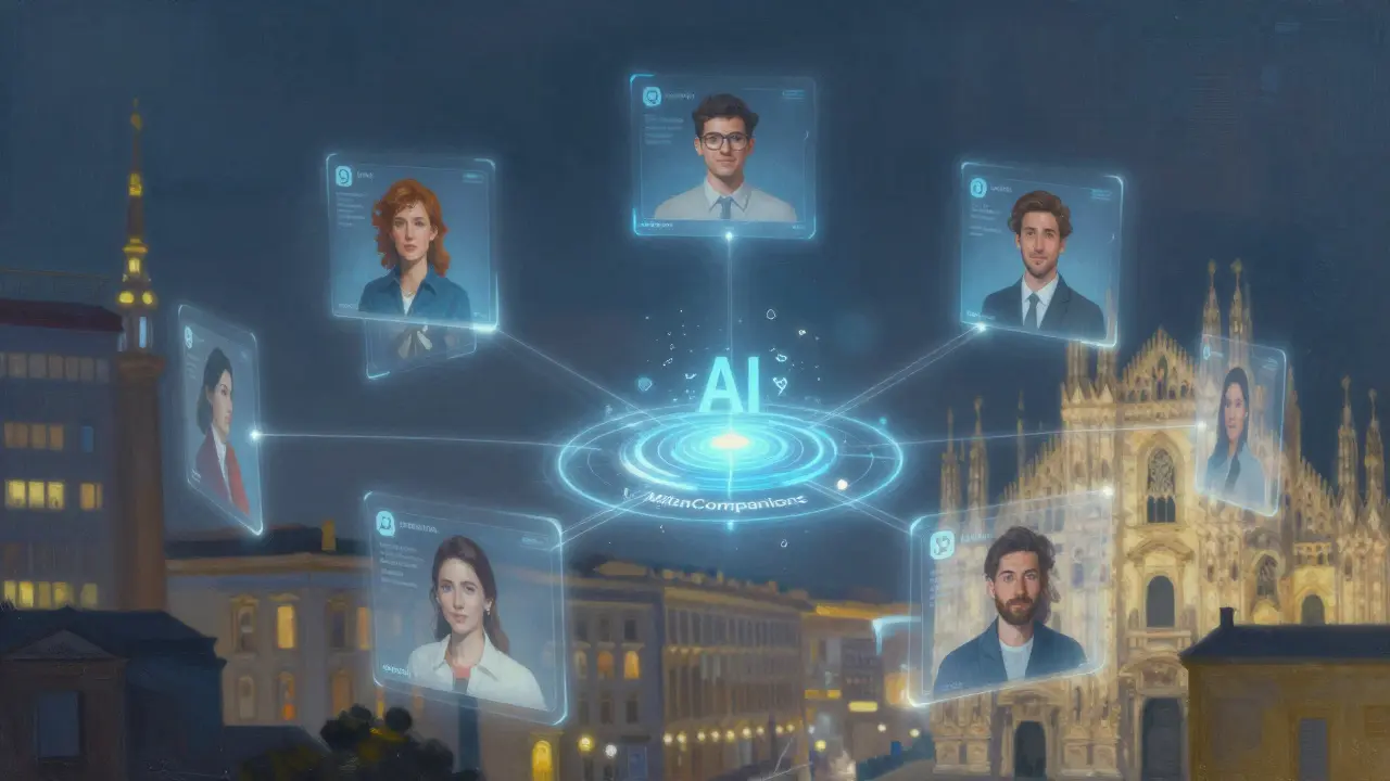 A futuristic digital interface showing verified companion profiles connected by AI in Milan.