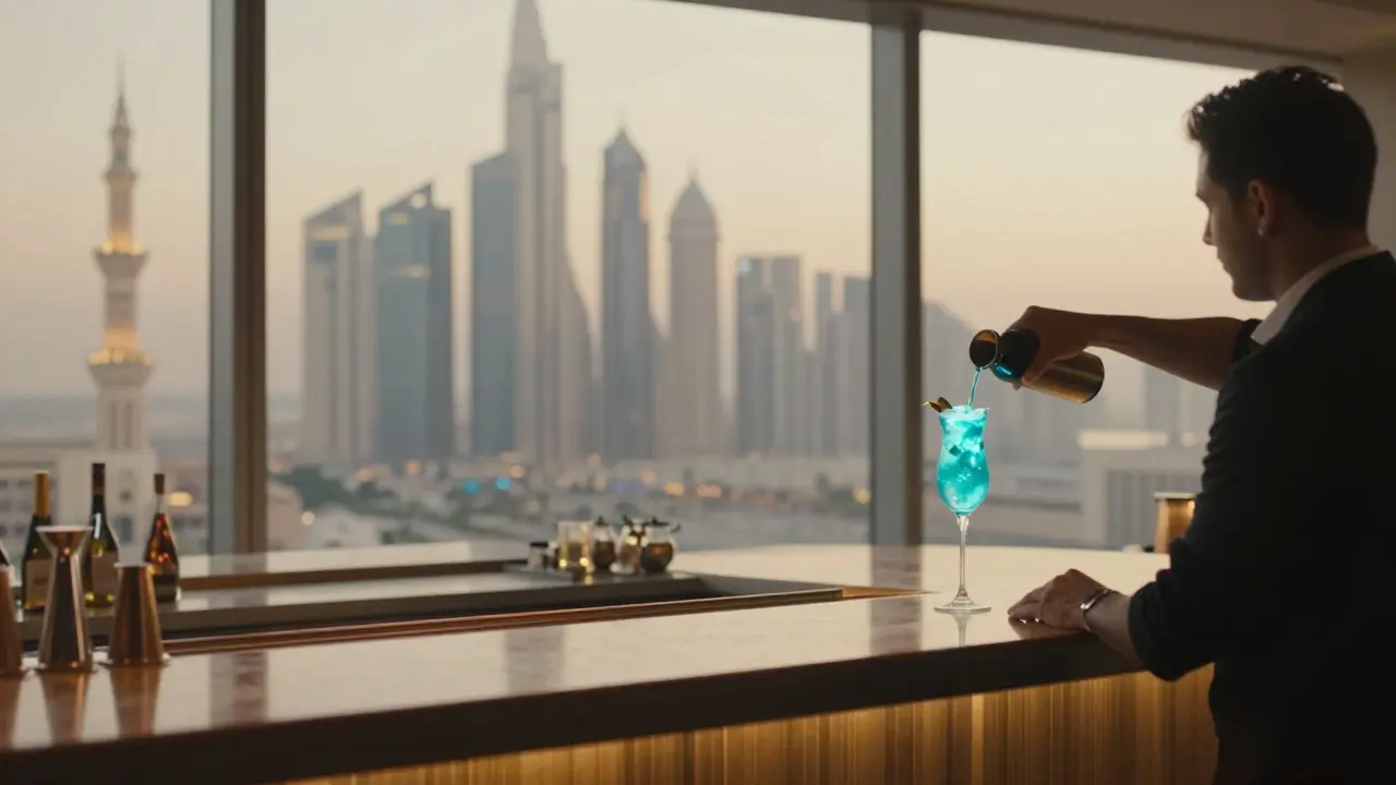A glowing cocktail on a high-rise bar overlooking Abu Dhabi’s skyline at night.