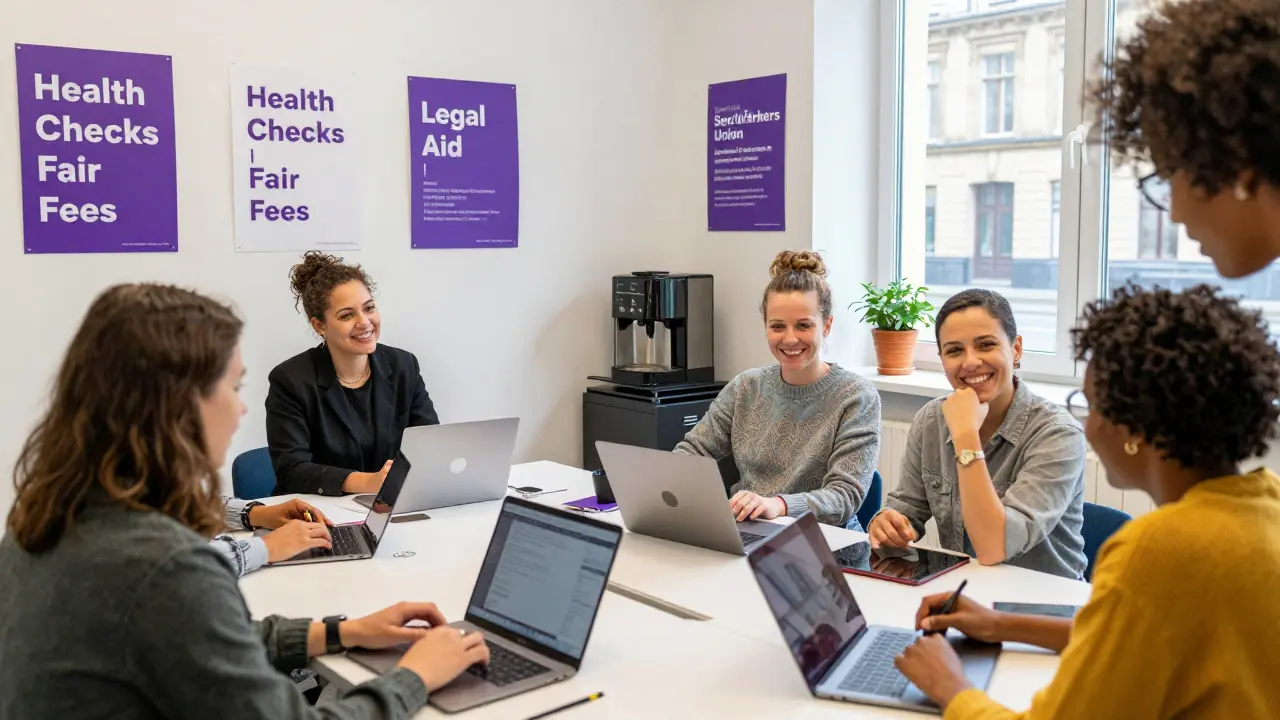 A group of sex workers attending a safety workshop in a cooperative office, surrounded by supportive resources.