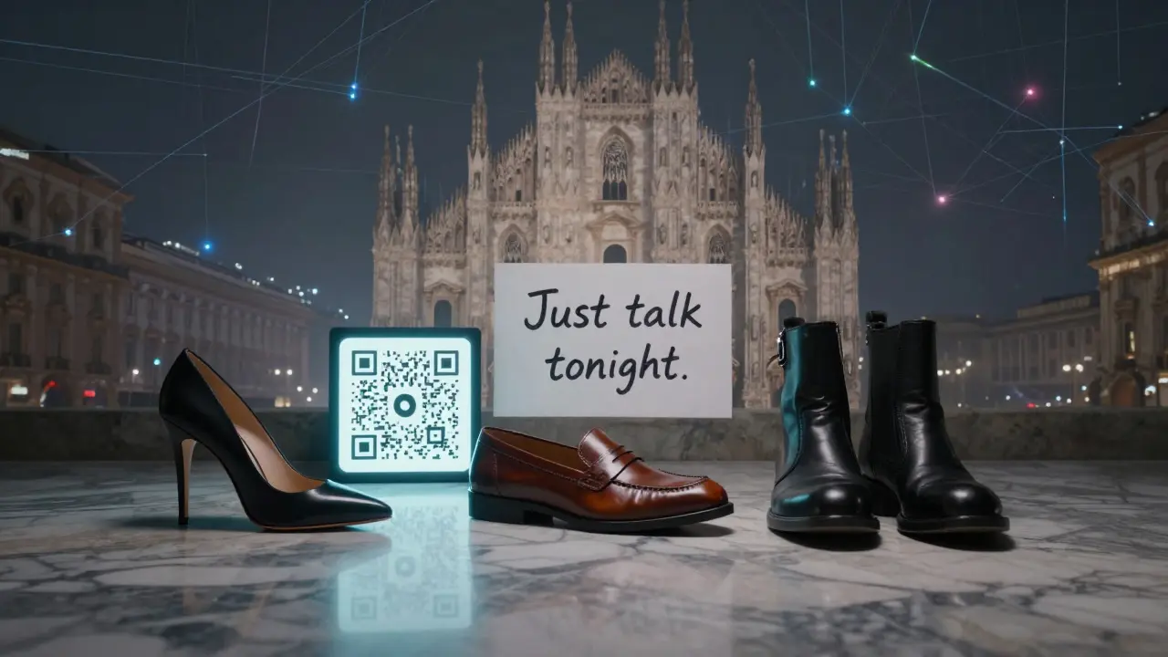 A high-heeled shoe, men's loafer, and androgynous boots placed beside a Monero QR code and a note saying 'Just talk tonight,' under moody ambient lighting.