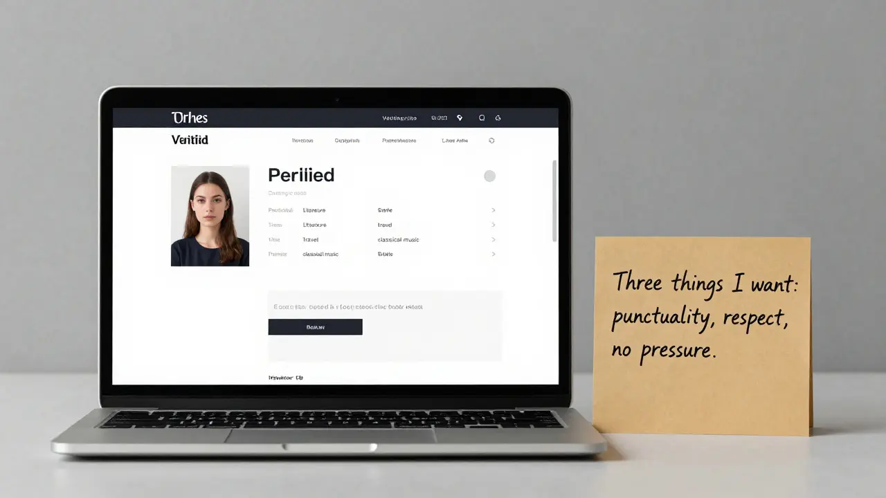 A laptop displaying a professional escort profile with interests listed, beside a handwritten note about boundaries.