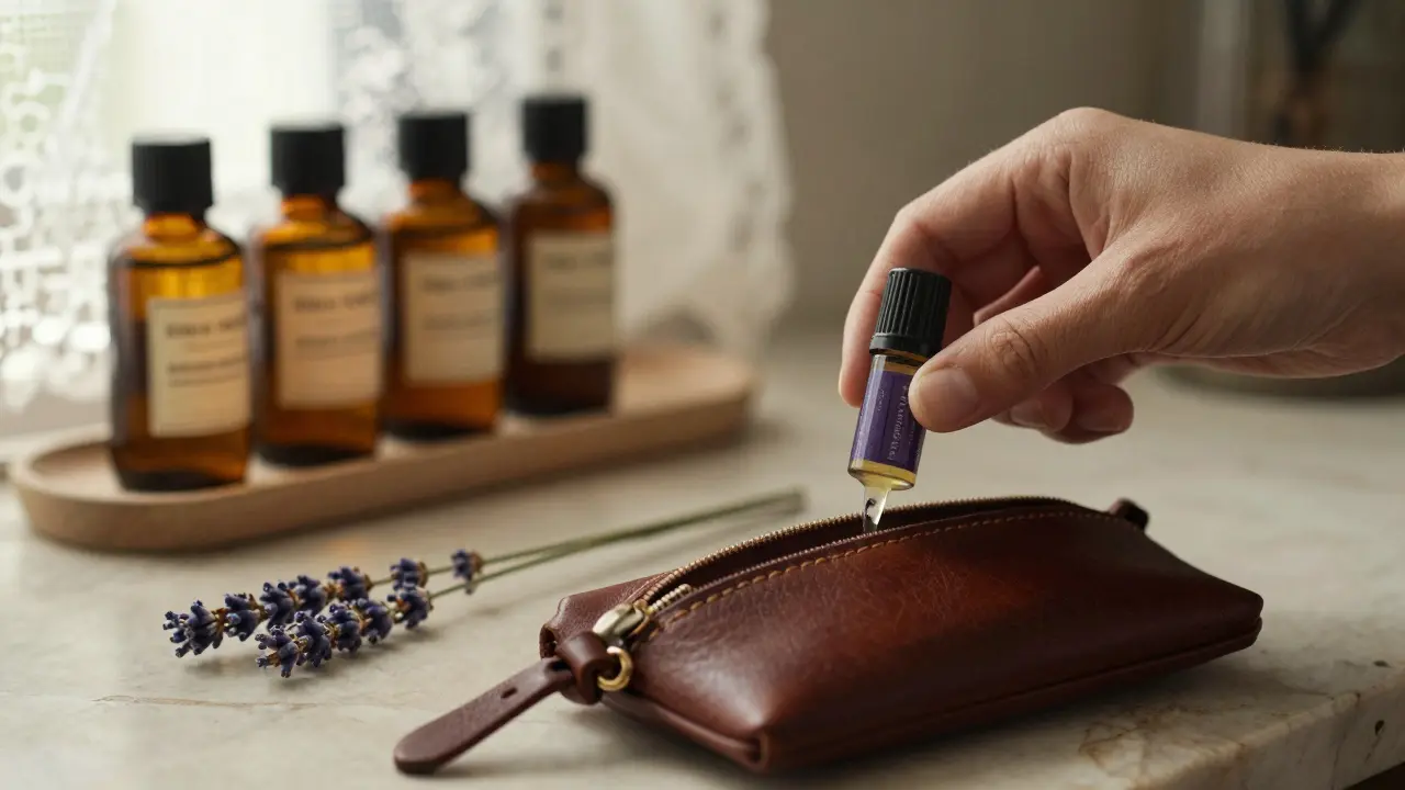 A lavender oil roller being placed into a purse in a cozy Notting Hill apothecary setting.
