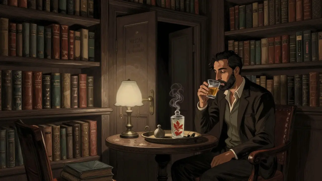 A literary-themed bar with bookshelves and a secret door, where a guest sips a smoky cocktail under soft lamplight.