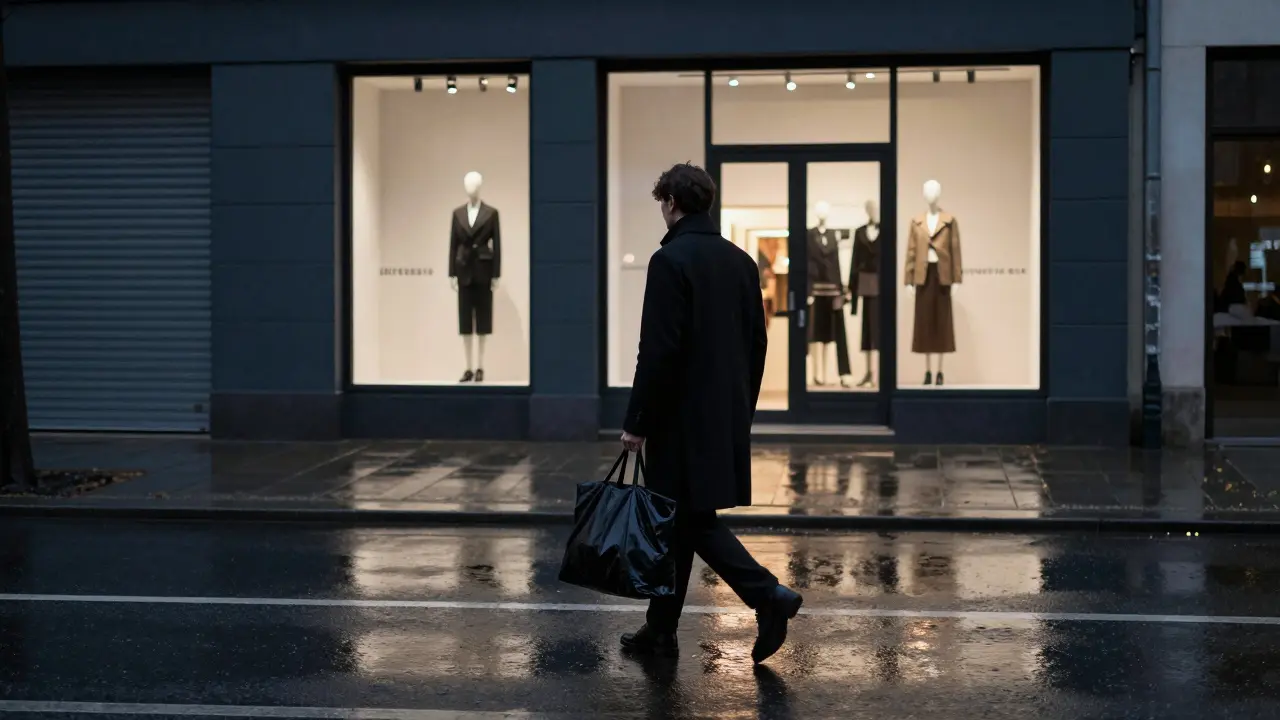 A lone figure walking away at dawn in Berlin, carrying a garment bag, symbolizing unseen fashion influence.