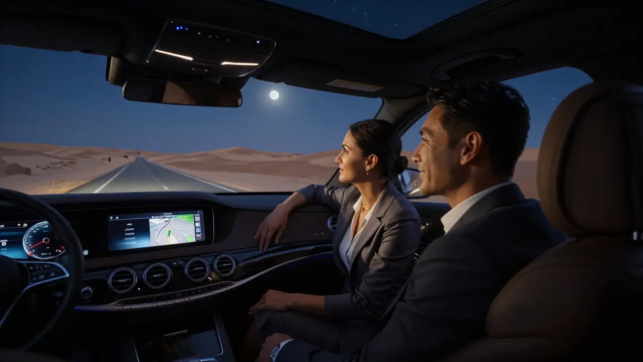 A luxury car drives through the desert at night, a professional companion and passenger sharing a calm, respectful moment.