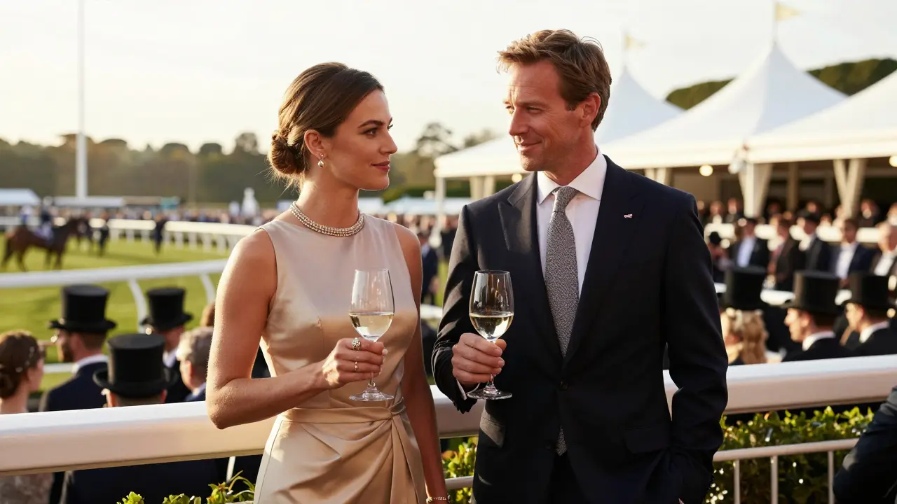 A luxury escort and client at Royal Ascot, dressed elegantly amidst horse races and refined social atmosphere.