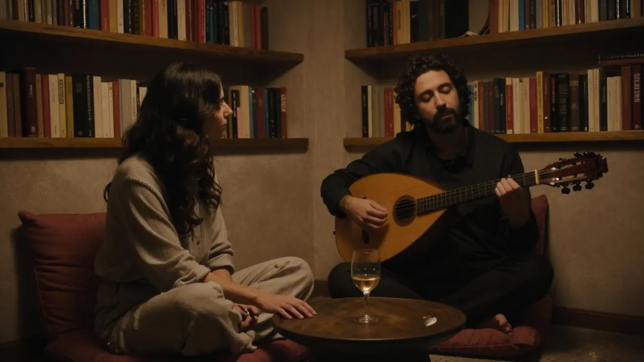 A man and woman listen to a live oud performance in a dimly lit art lounge, surrounded by books and ambient lighting.