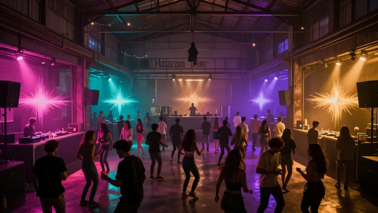 A massive warehouse club with five glowing rooms and diverse crowds dancing under neon lights.