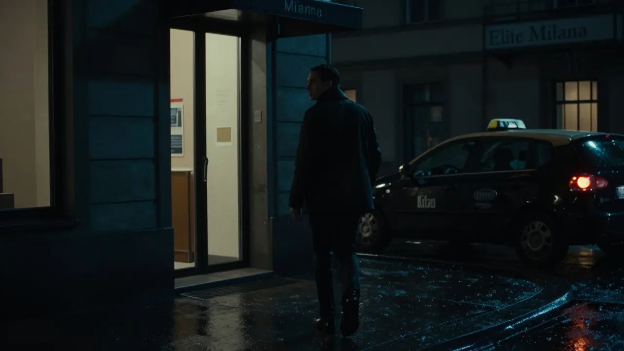 A person walking away from a discreet agency entrance at night, taxi waiting, rain-slicked street, no faces visible.