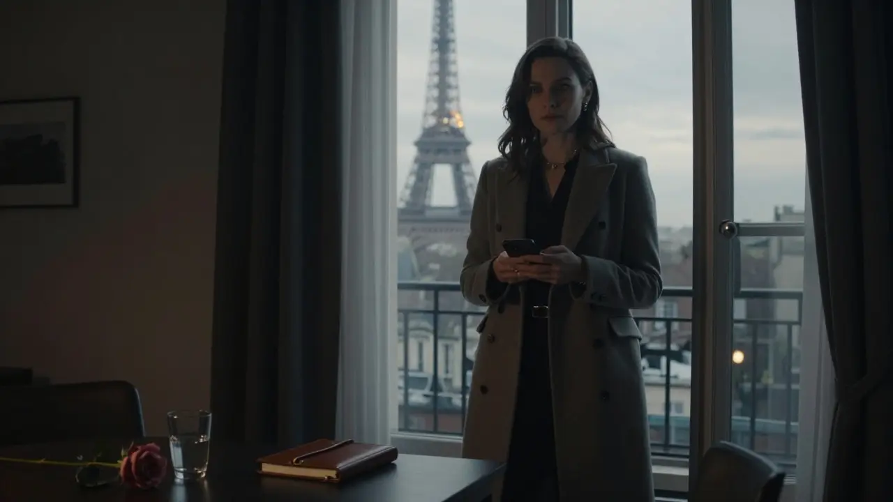 A poised woman in a private Parisian apartment, Eiffel Tower visible in the distance, conveying safety and discretion.