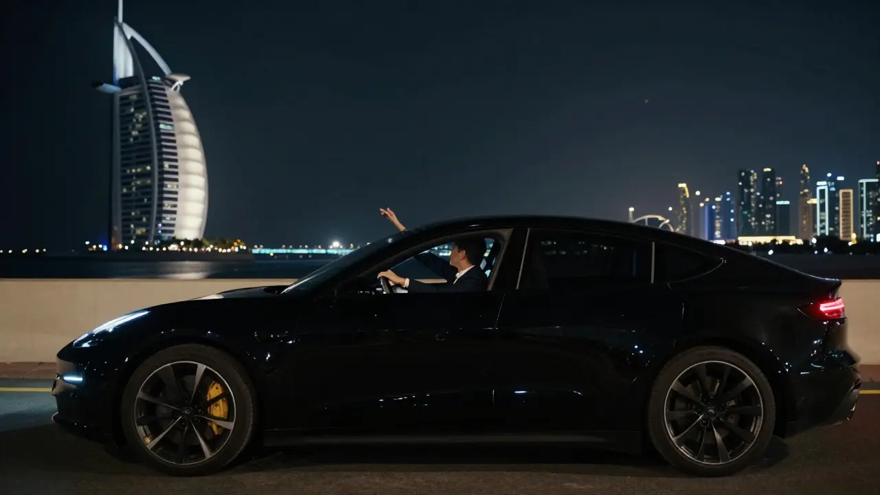 A private car driving along Dubai's coast at night, interior softly lit, skyline in distance.