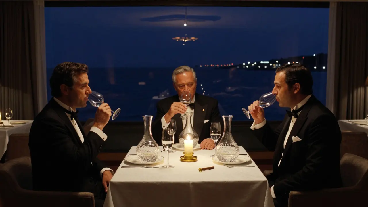 A private penthouse lounge with men in tuxedos sipping rare wine from crystal decanters, illuminated by candlelight and sea views.