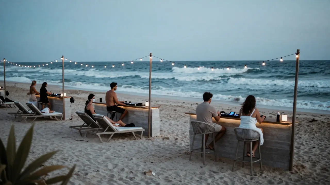 A quiet beach club at night with string lights, bar stools on sand, and guests relaxing to music as waves roll in.