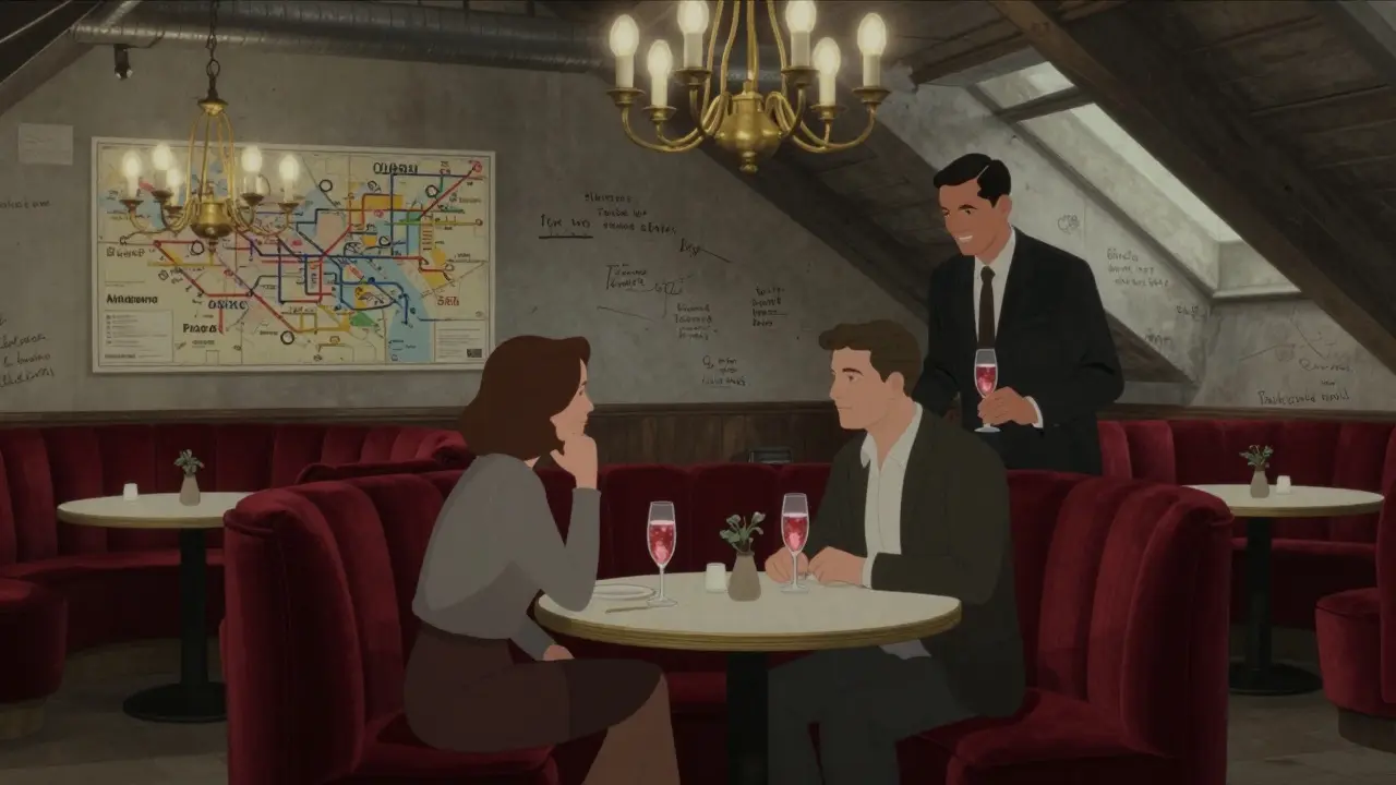 A quiet couple in a vintage-inspired attic space, sharing a moment with rose sparkling water.