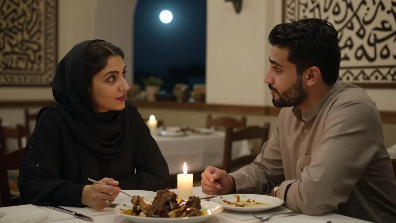 A quiet, intimate dinner at Al Maqam restaurant under moonlight, two people sharing silent connection.