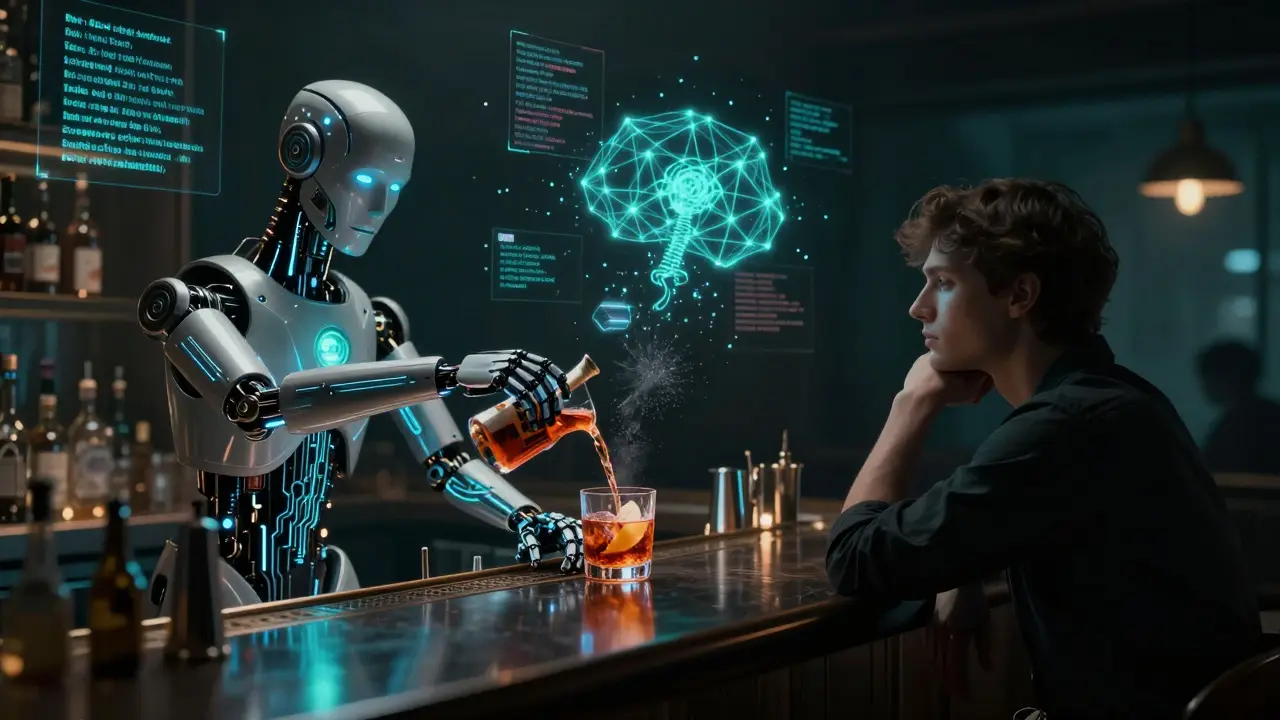 A robot bartender serving a drink while neural network visuals float in the air at Barbot, London.