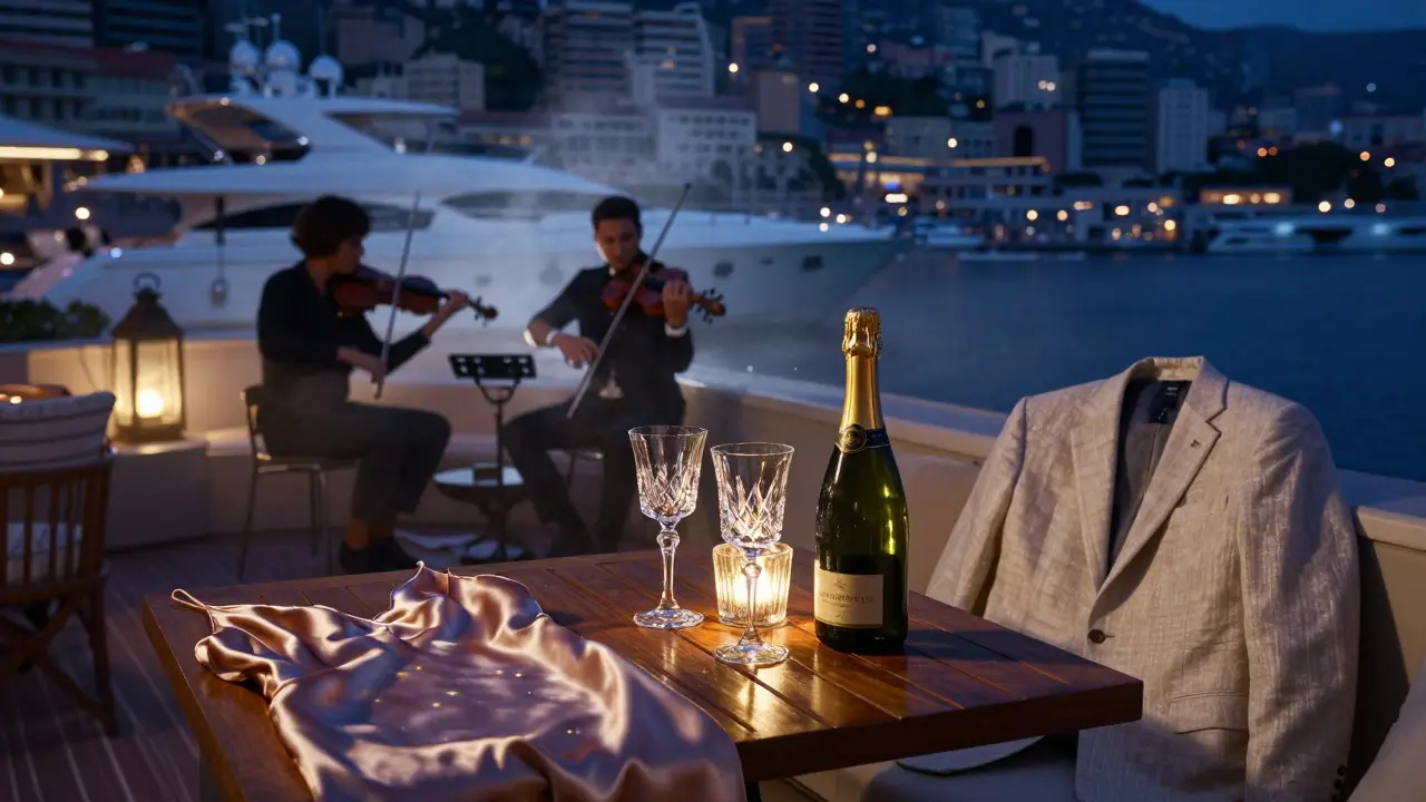 A secluded dockside lounge at night, crystal glasses and a magnum of champagne under soft lantern light.