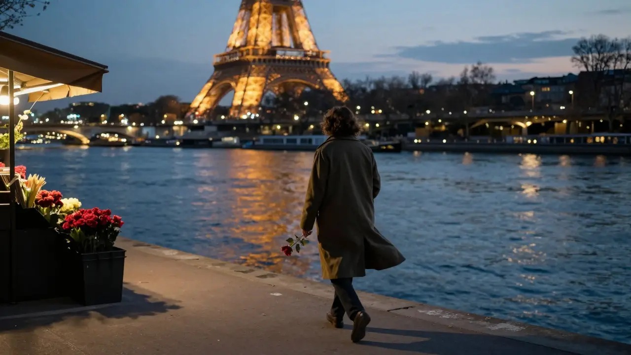 A solitary figure walks away from the Seine at dusk, holding a single rose, the Eiffel Tower glowing faintly behind.