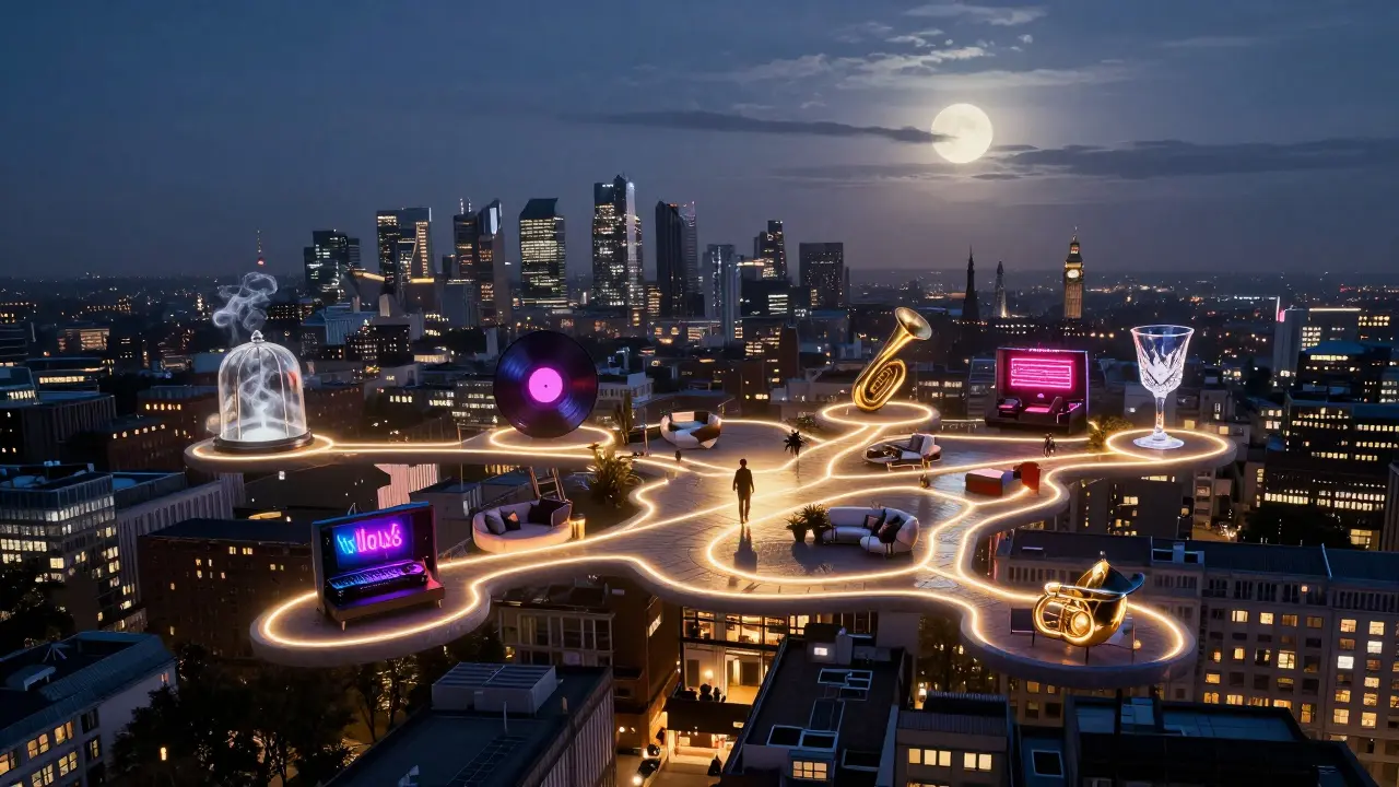 A surreal map of London’s nightlife glowing with symbolic icons of its most iconic venues.