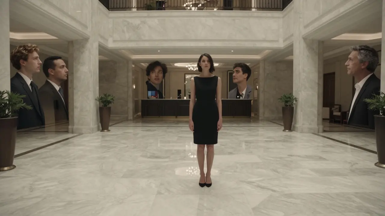 A woman's reflection in a hotel lobby shows three unseen men, symbolizing the hidden emotional labor of companionship.