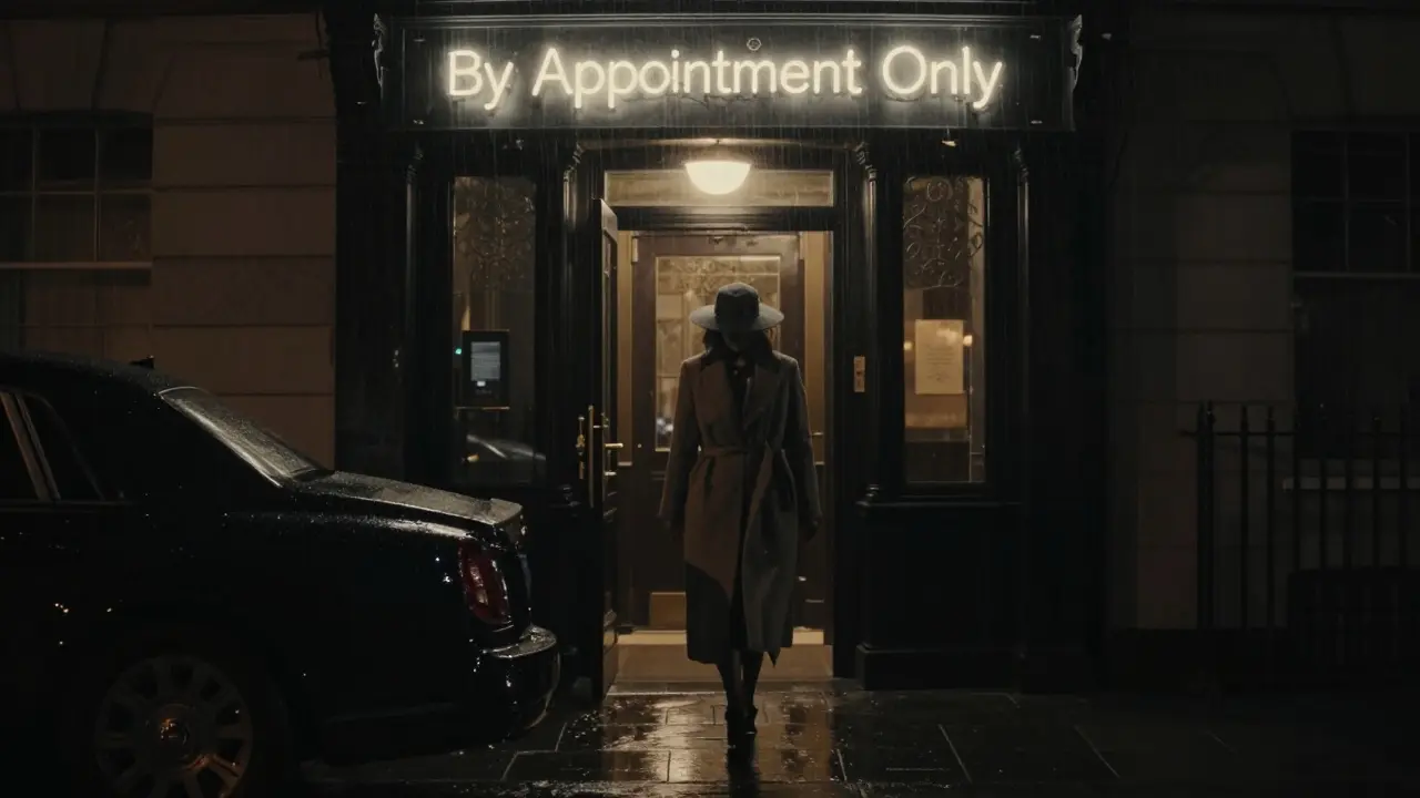 A woman enters a private club at night, her identity hidden, under a discreet 'By Appointment Only' sign.