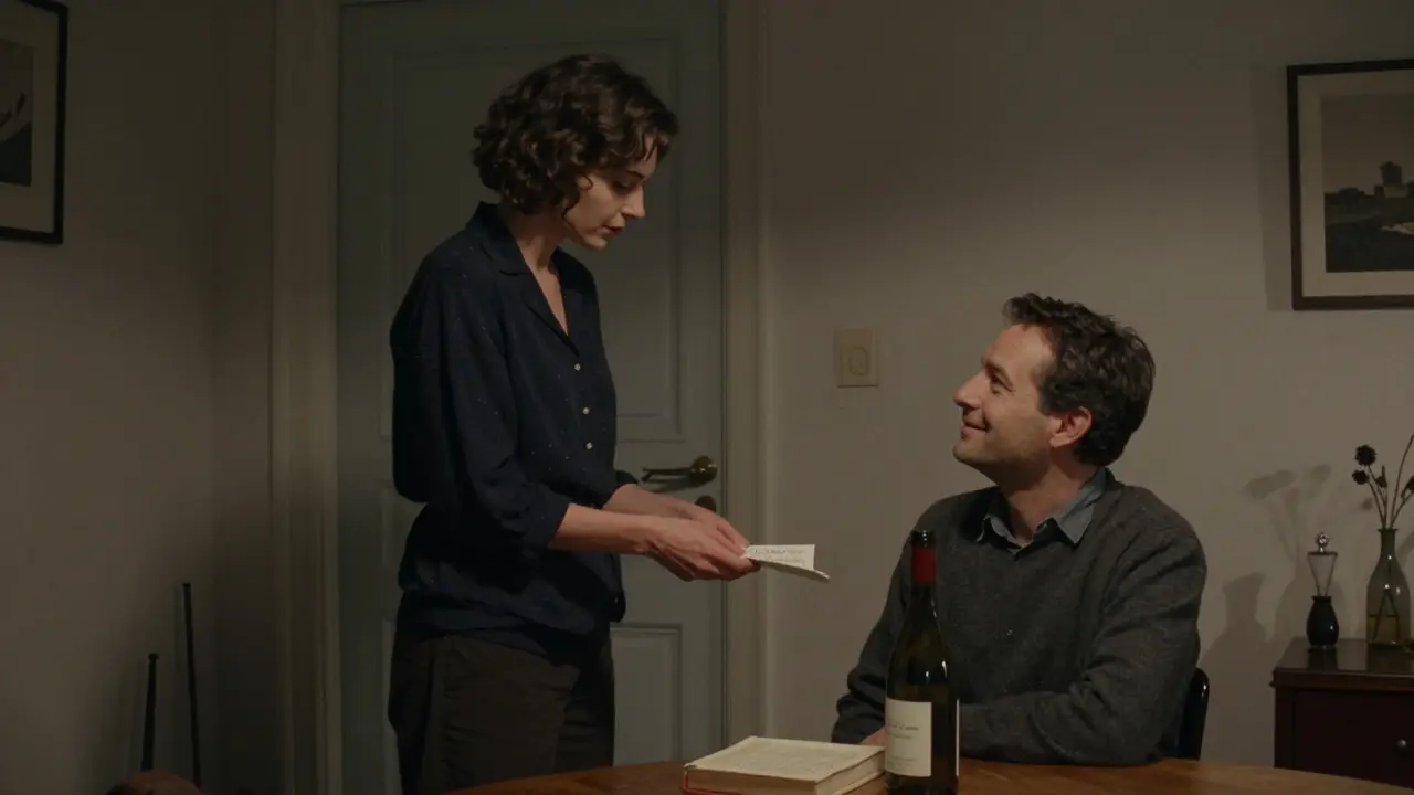 A woman handing a handwritten note to a man at her door, a gesture of sincere appreciation and respect.