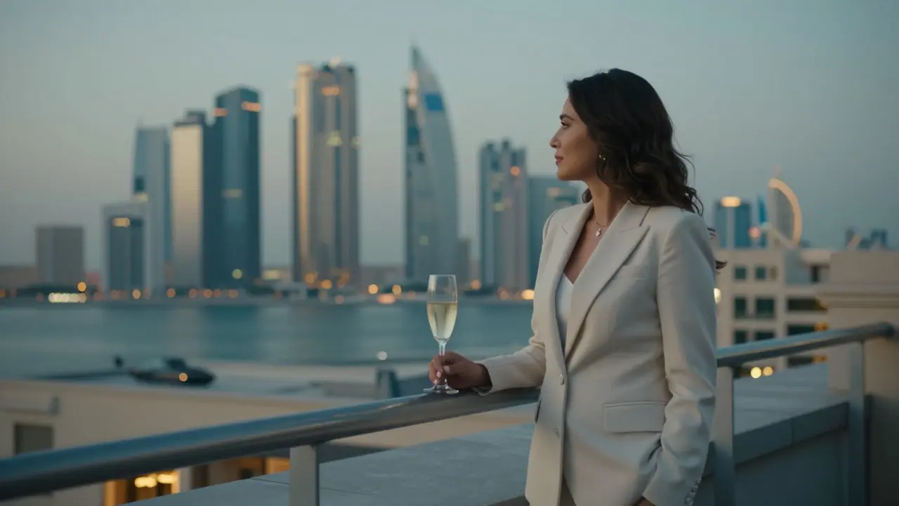 A woman in a tailored suit on a rooftop terrace at dusk, gazing at Abu Dhabi’s glowing skyline.